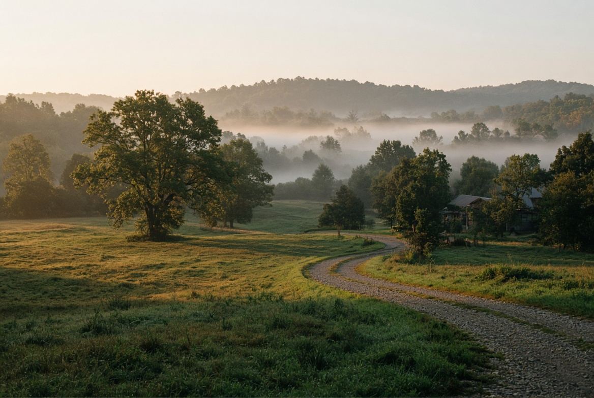 Rolling countryside, trees, and misty hills in soft morning light